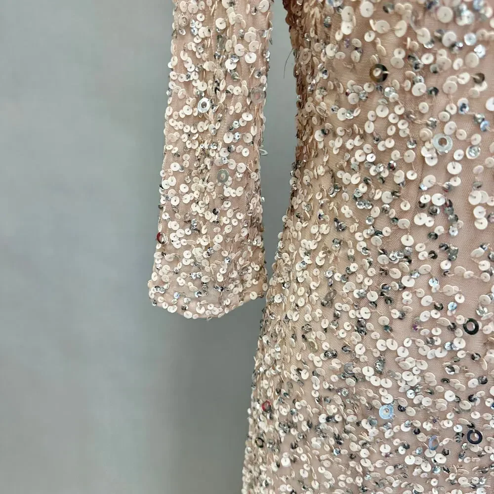 Adrianna Papell 3/4 Sleeve Scoop Back Champagne Sequin‎ Maxi Gown Size 4